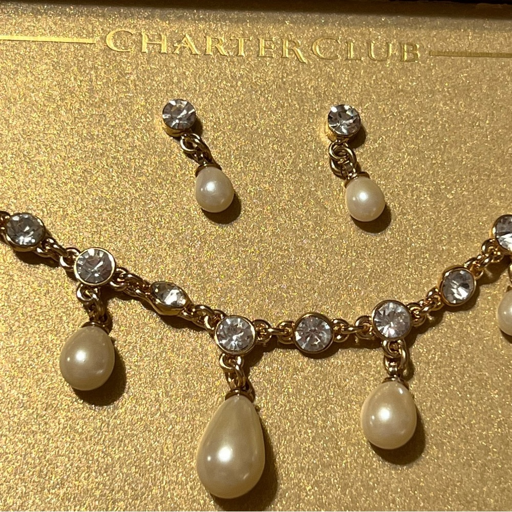 New Charter Club Gold-Tone Pearl Drop & diamond Necklace & Earring Set